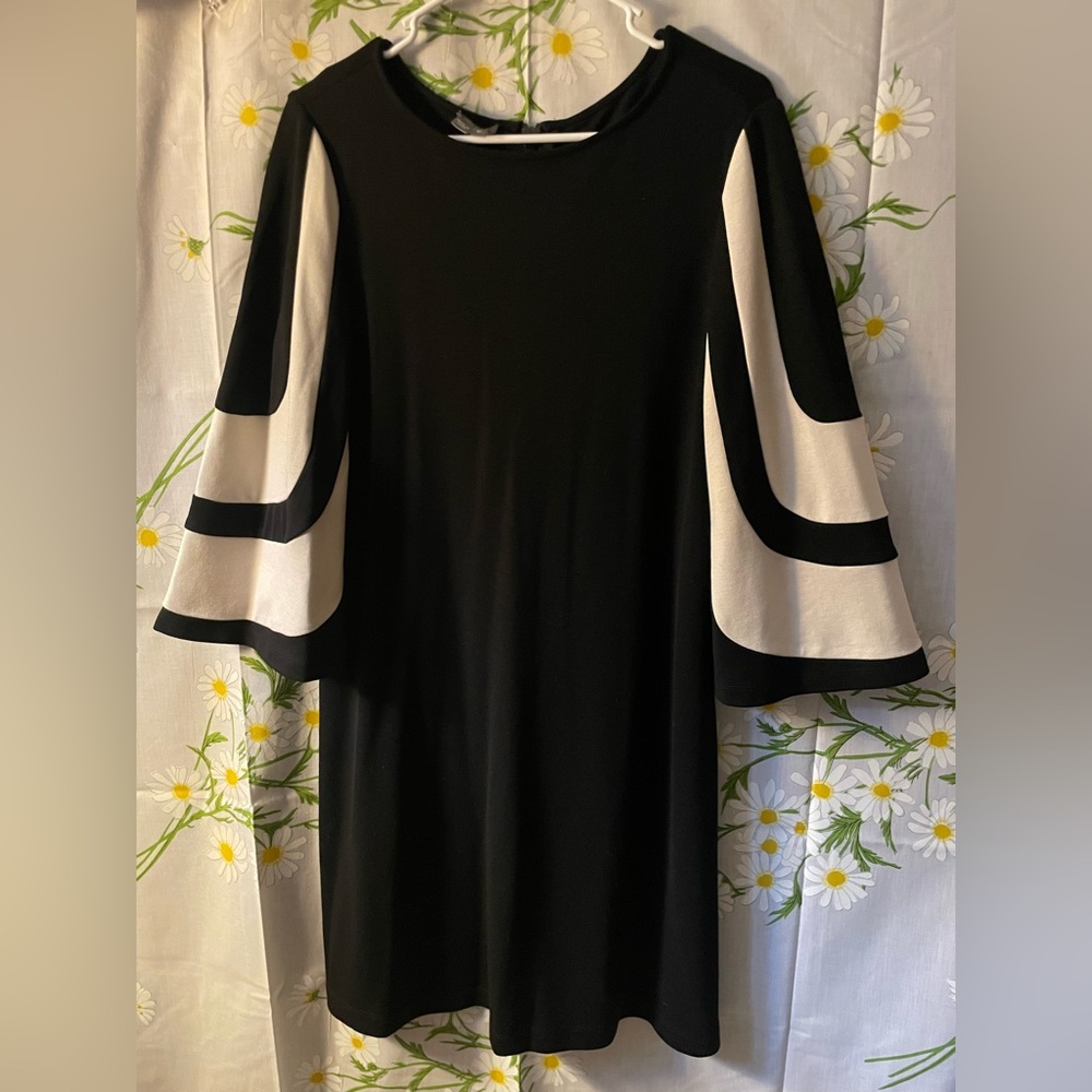 NORDSTROM MUSE black white abstract wide statement sleeves sheath midi dress - Picture 4 of 8